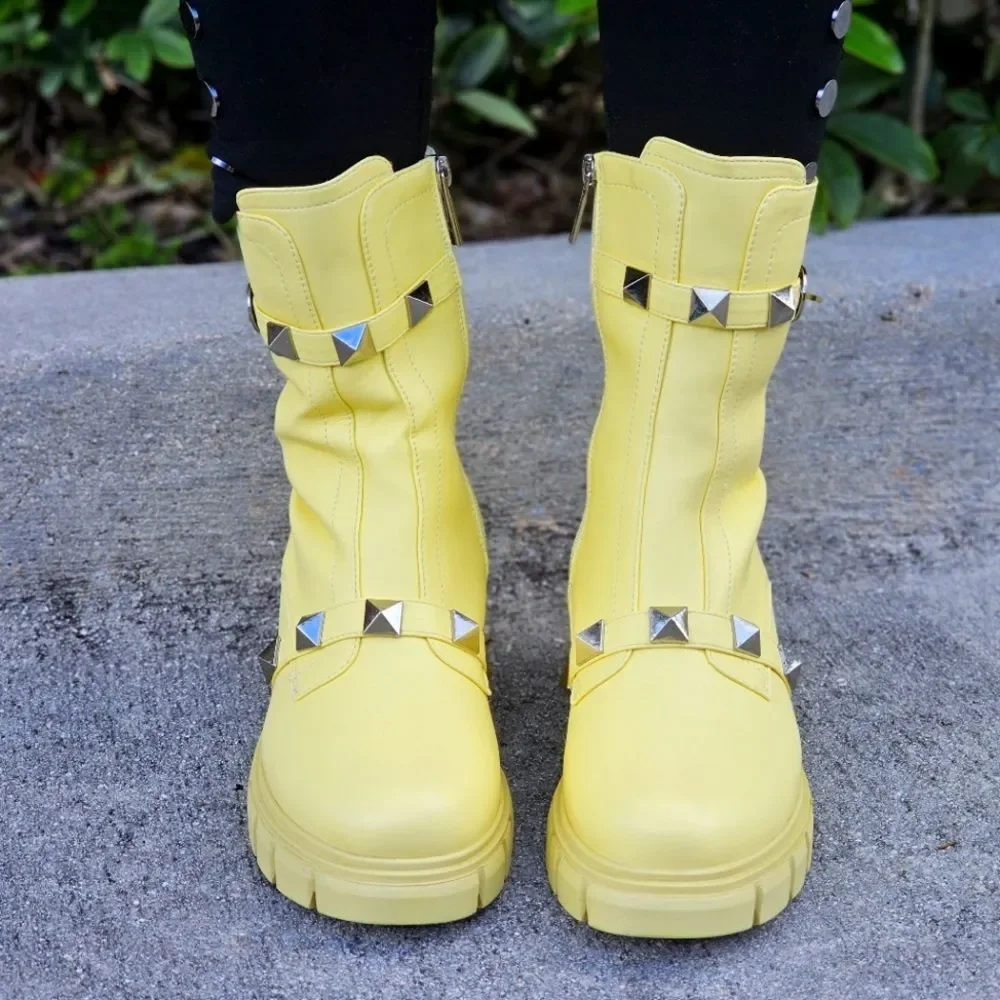 Fashion Women's Yellow Combat Boots Pyramid Studs Side Zipper - Picture 2 of 5